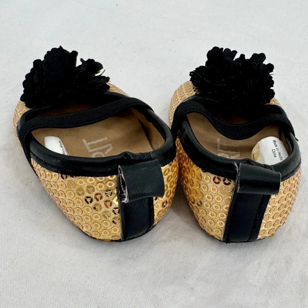 Vintage Esprit Baby Gold Sequin Black Flower Mary Jane Crib Shoes 0-6 Months